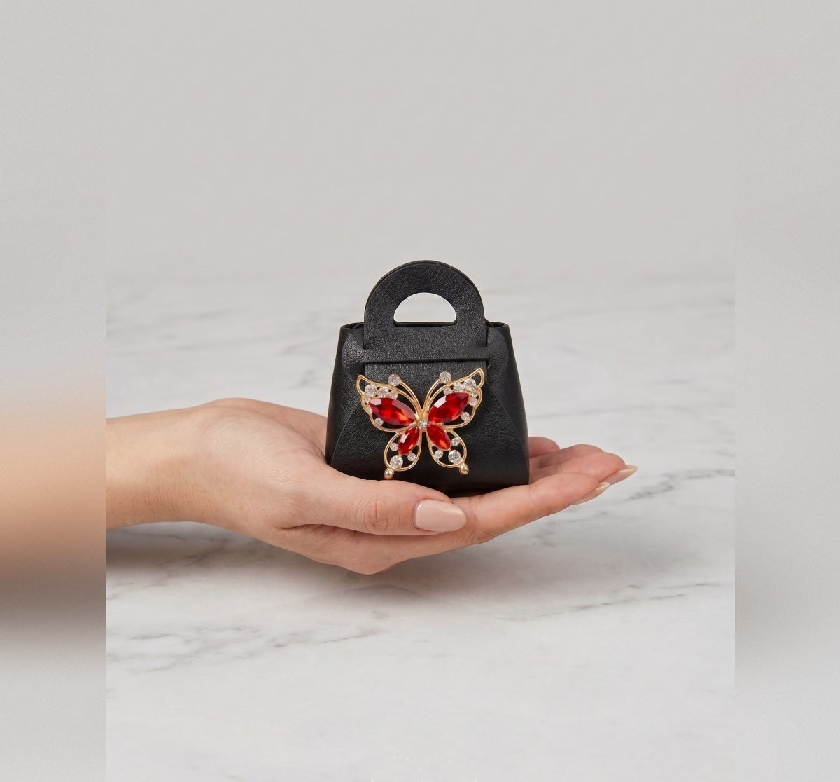 Black Mini Handbag with Red Butterfly and Flower Mirror, Luxury Crystal Handbag Keychain Accessory