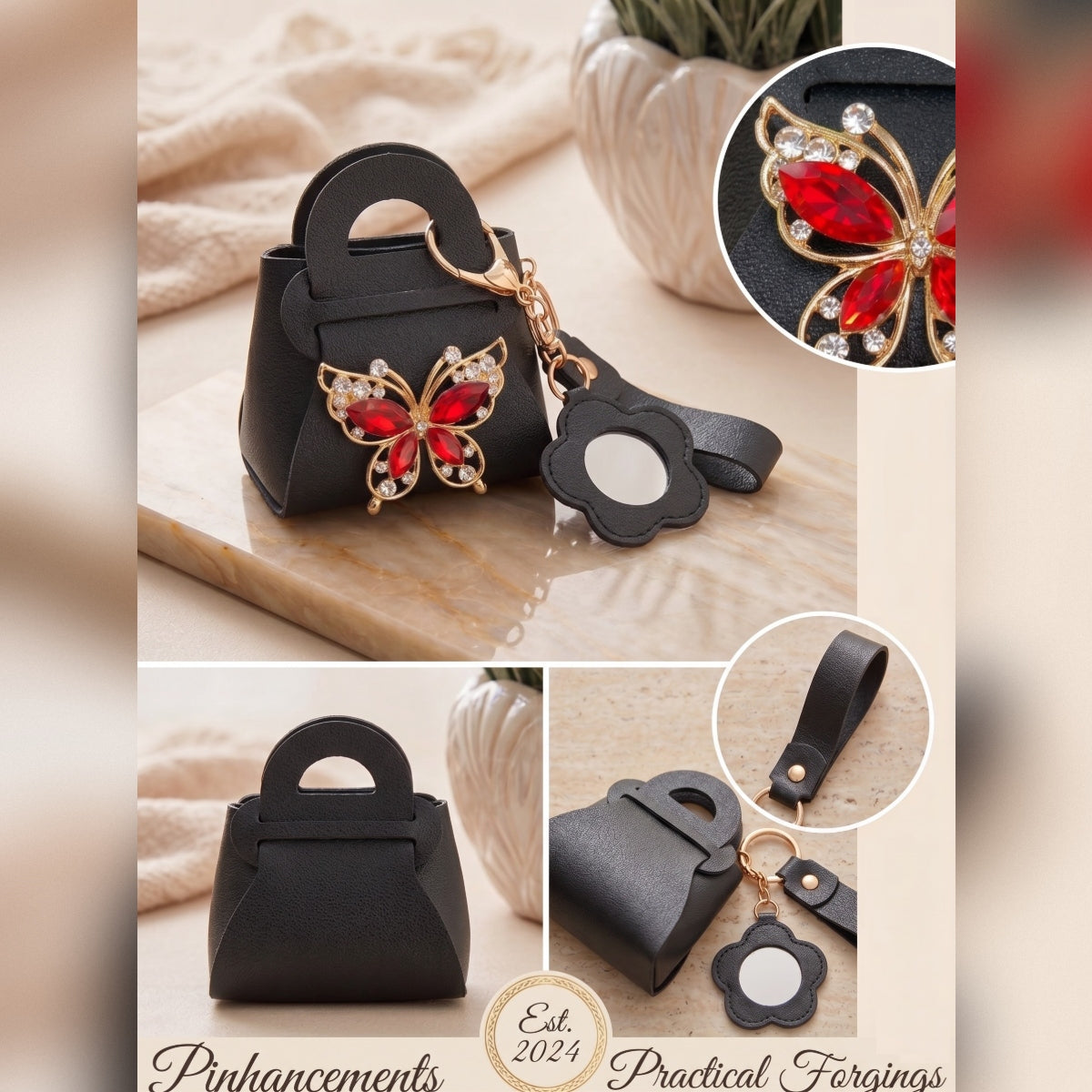 Black Mini Handbag with Red Butterfly and Flower Mirror, Luxury Crystal Handbag Keychain Accessory