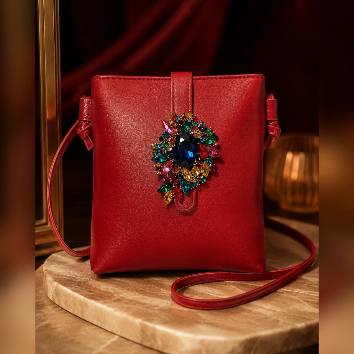Red Jeweled Crossbody, Vintage Vibe, Hand Embellished Evening Purse