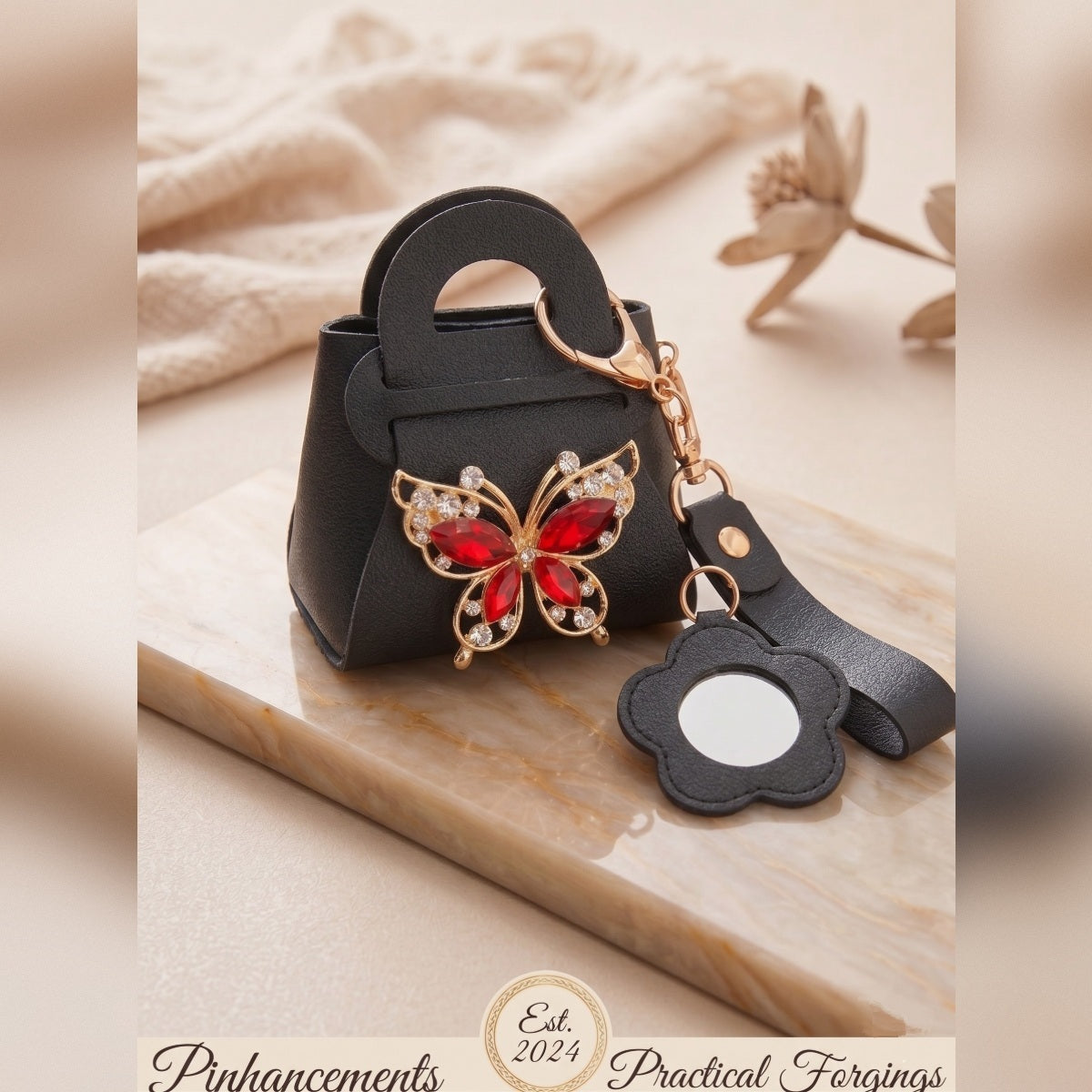 Black Mini Handbag with Red Butterfly and Flower Mirror, Luxury Crystal Handbag Keychain Accessory