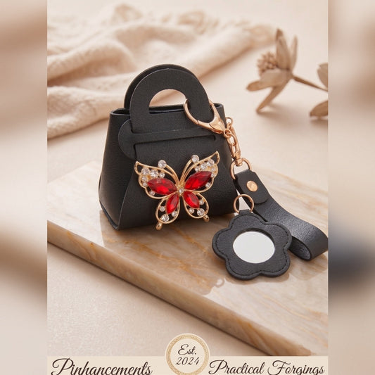 Black Mini Handbag with Red Butterfly and Flower Mirror, Luxury Crystal Handbag Keychain Accessory