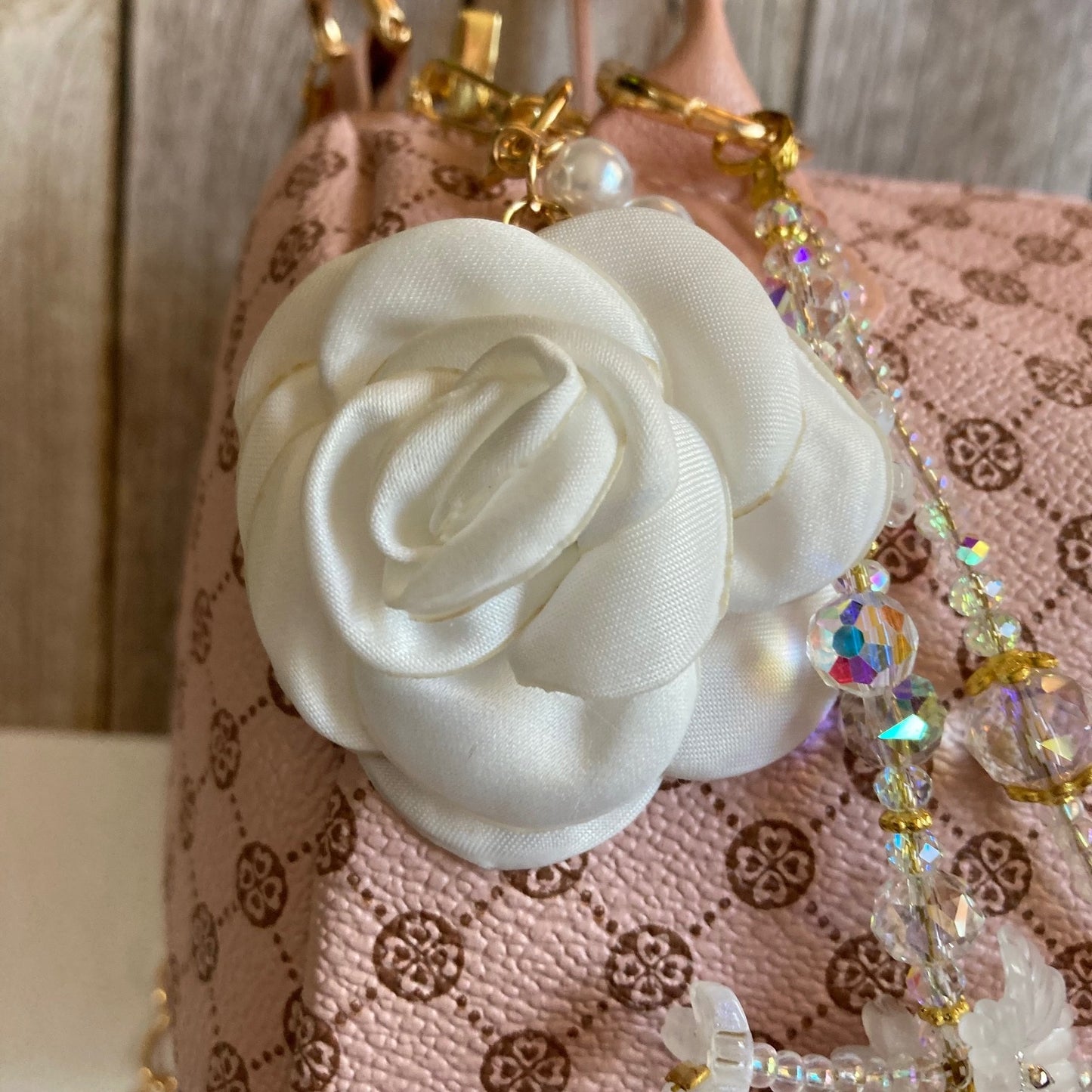 Pink Barrel Handbag Set with Matching Mini Wallet and Handmade Beaded Purse Necklace