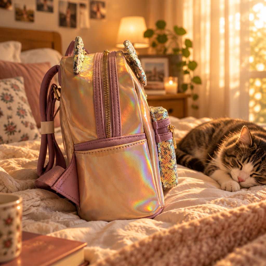 Disney Parks Loungefly Minnie Mouse mini backpack with gold holographic details and iridescent sequined ears details sits on a bed next to a sleeping tabby cat in a warm, cozy bedroom setting.