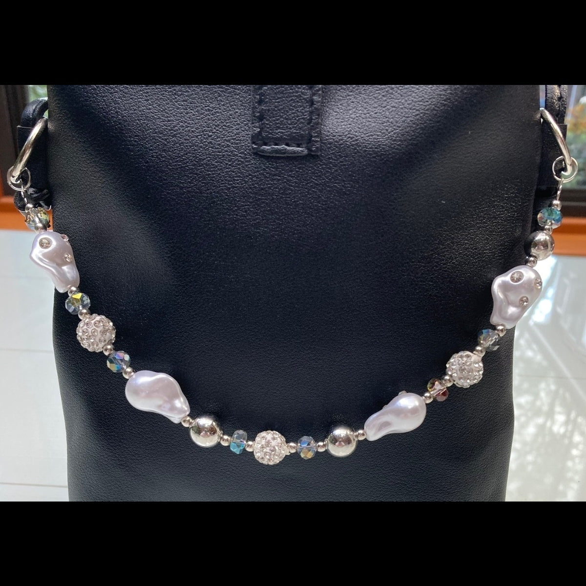 Handmade Silver, Pearl, and Rhinestone Beaded Purse Necklace