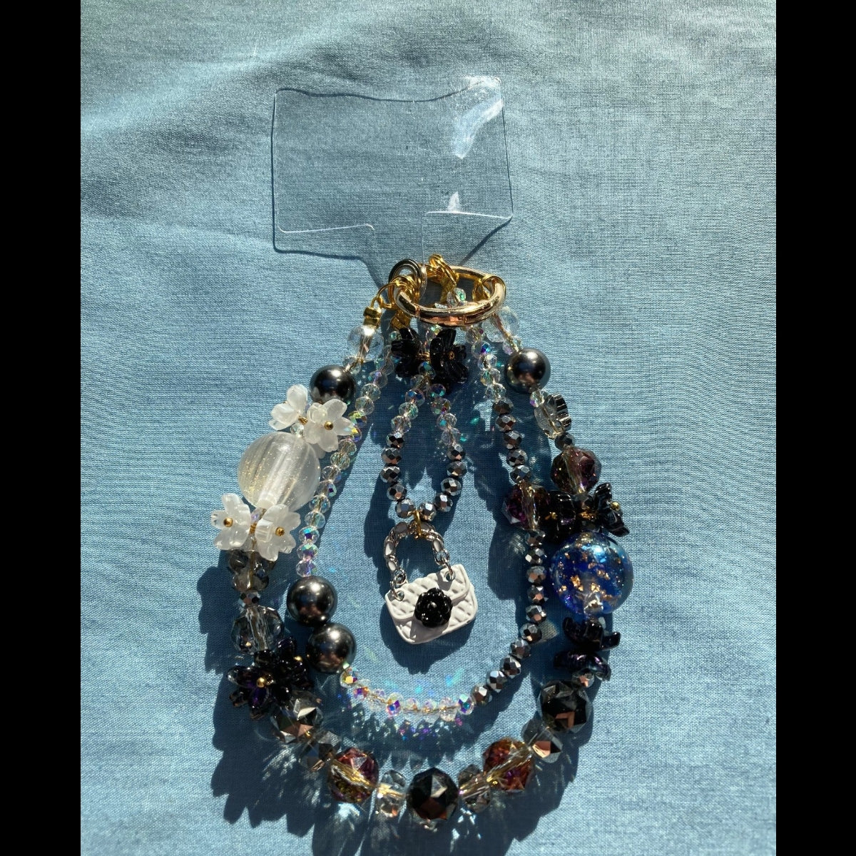 Black, Blue, and Gold Purse Necklace with White Mini Purse Charm