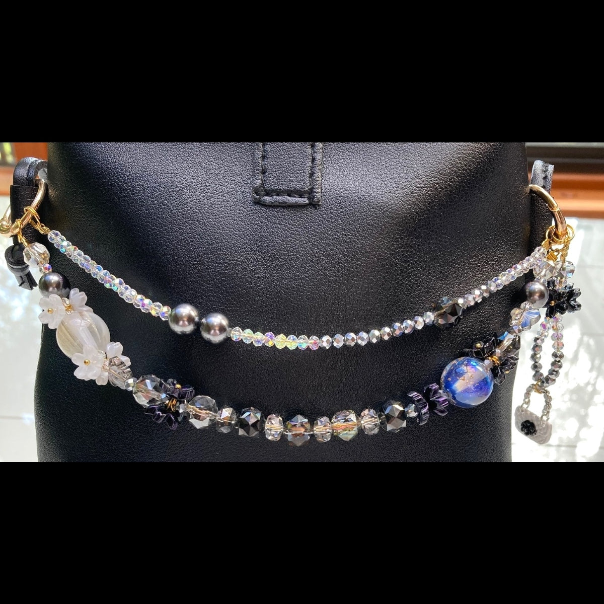 Black, Blue, and Gold Purse Necklace with White Mini Purse Charm