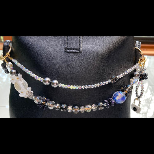 Black, Blue, and Gold Purse Necklace with White Mini Purse Charm