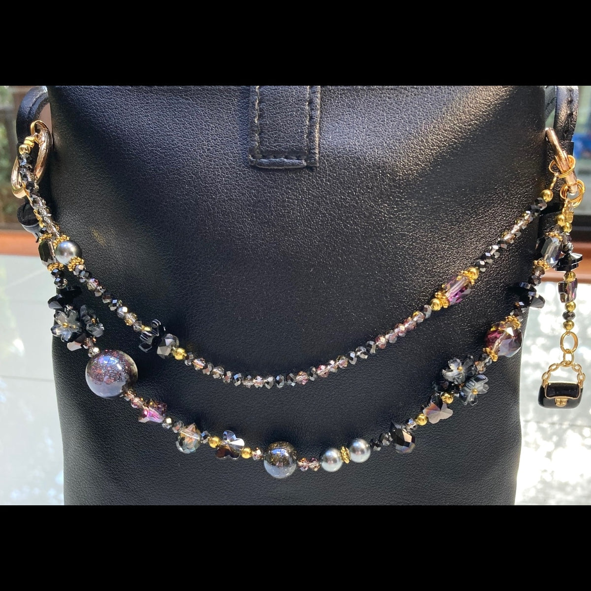 Black and Gold Beaded Purse and Phone Chain with Mini Purse Charm
