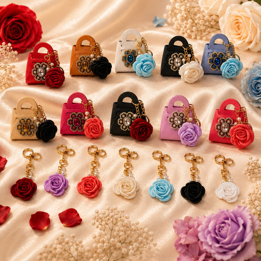 Rose Purse Keychain, Faux Leather Mini Handbag, Floral Bag Charm, Jeweled Accessory
