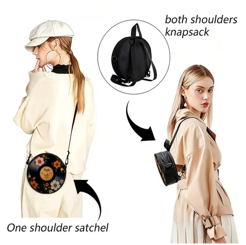 Floral Record Convertible Purse Set with Coin Purse and Rhinestone Headphone Charm