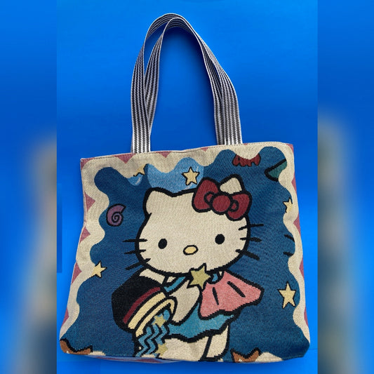 Hello Kitty Tapestry Tote Bag Large Woven Jacquard Beach Craft Zipper Travel 17.5x15x4