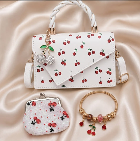 Rockabilly Cherry Print Purse Set Faux Leather Crossbody Bag Multi Piece Bundle