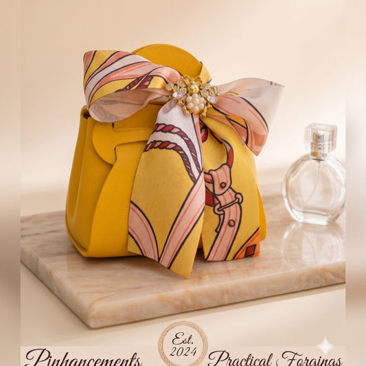 Yellow Mini Handbag with Silky Scarf Accent and Pearl Cluster Bee, Luxury Keychain Accessory